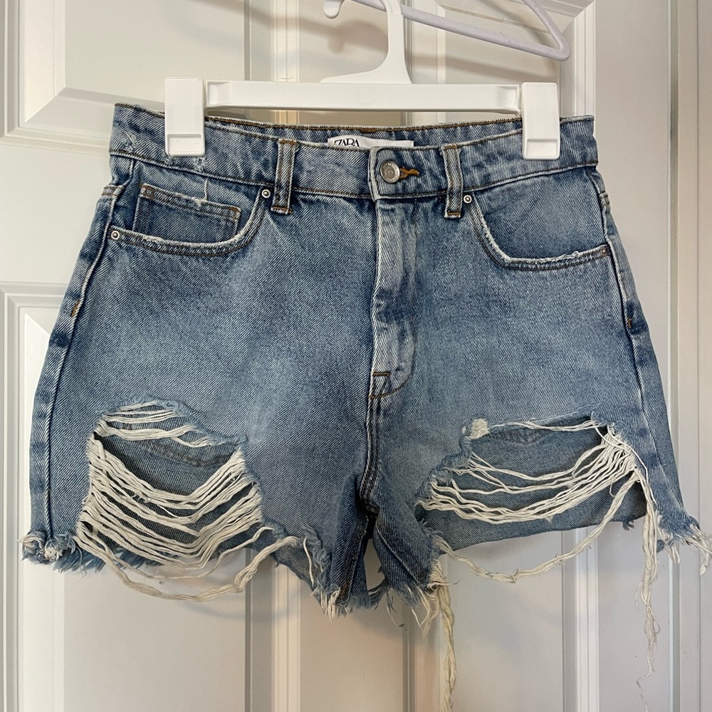 Zara Medium Wash Distressed High Waist Denim Shorts